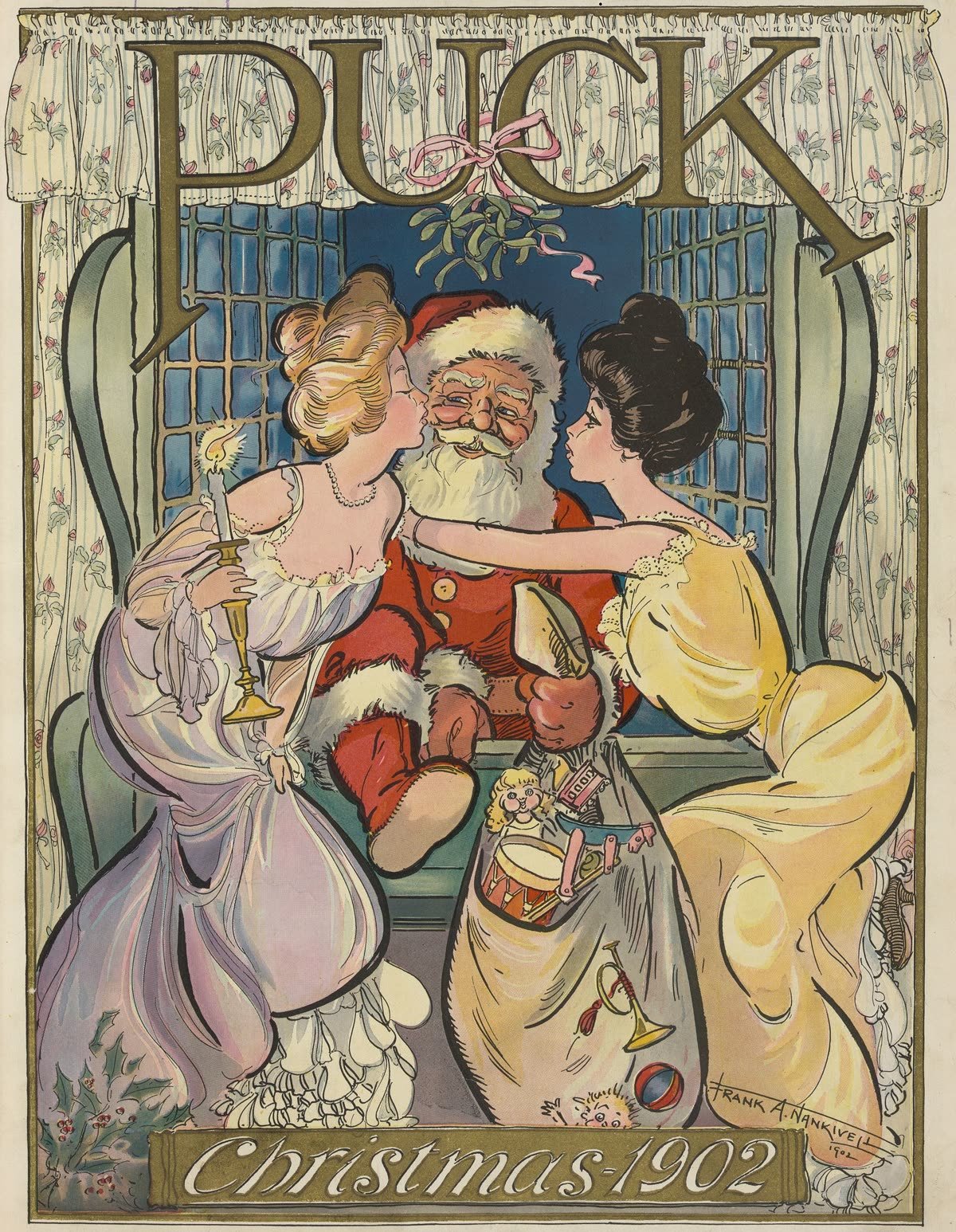 Portada de la revista Puck de Navidad de 1902 con Papá Noel vestido de rojo