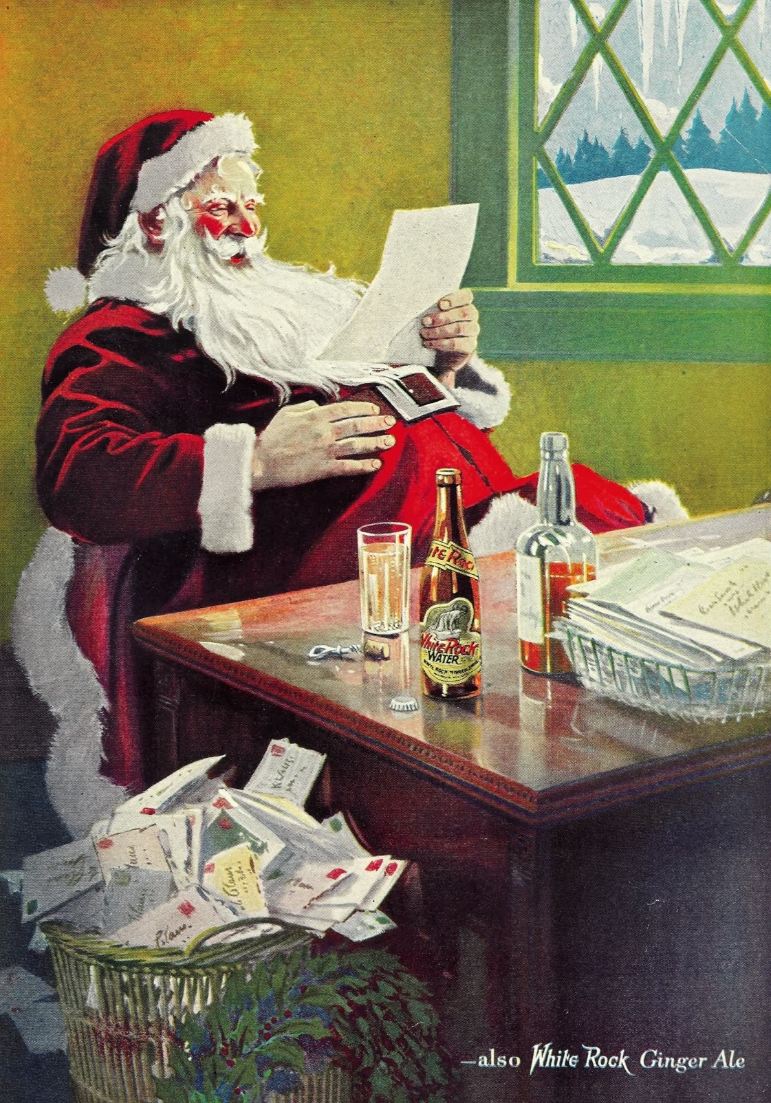 Anuncio de White Rock de 1923 con Papá Noel vestido de rojo